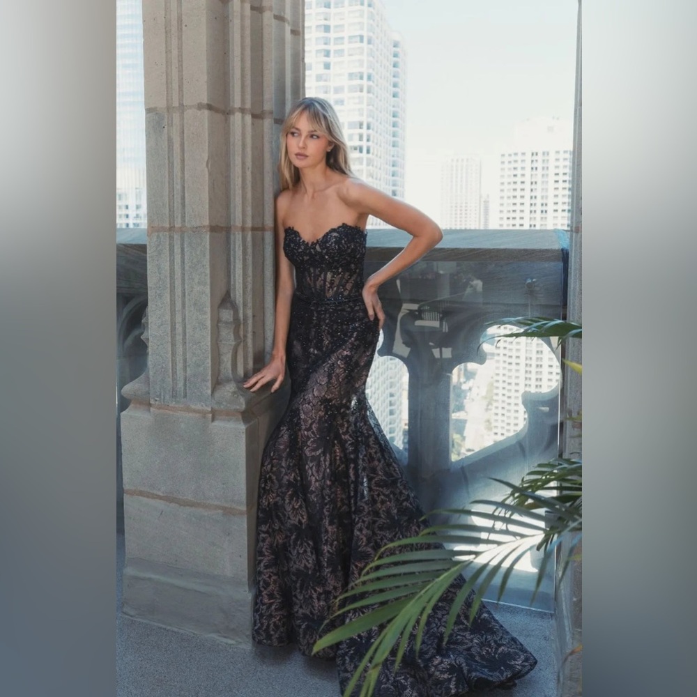 Mac Duggal Black and Metallic Lace Strapless Mermaid Gown